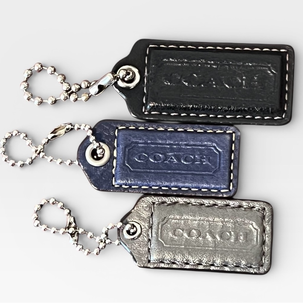 Coach Trio Leather Handbag Tag Set in Black, Navy Blue and Metallic Silver